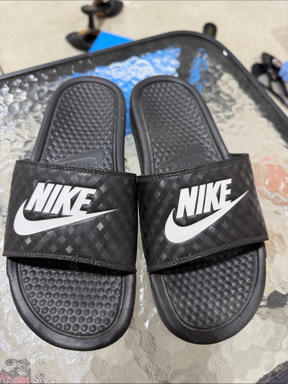 Nike Black Slides with White Swoosh